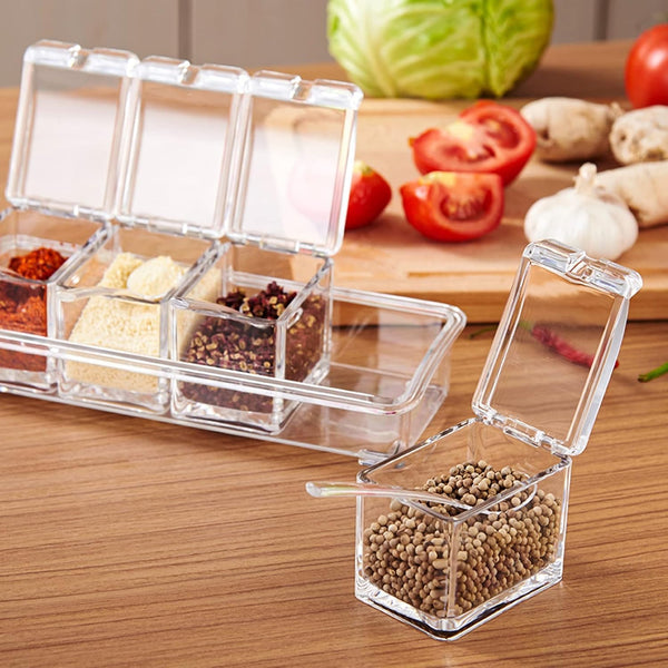 4-Compartment Crystal Spice Storage Box with Spoons